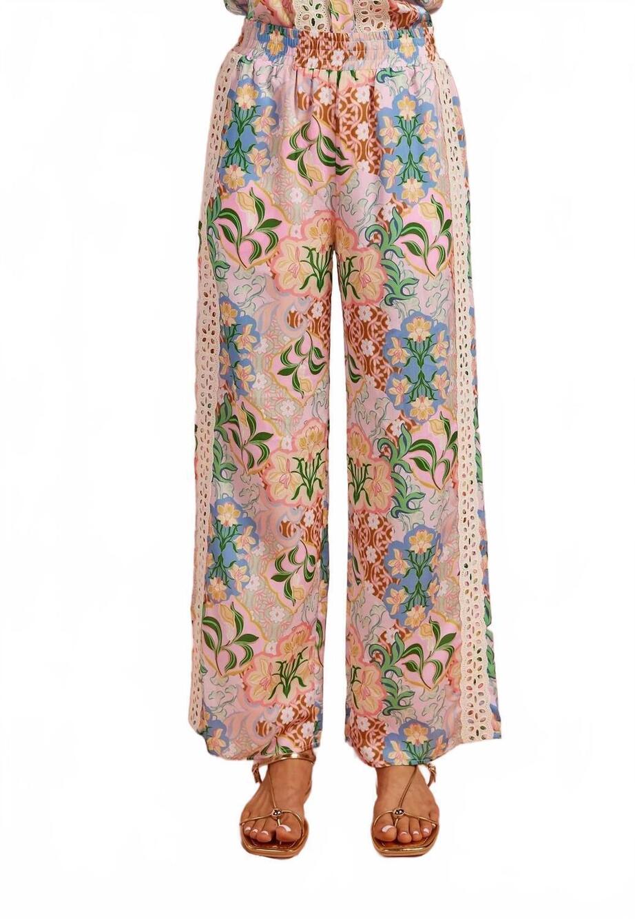 NEW STRUT & BOLT women's garden party crochet contrast satin pants in beige